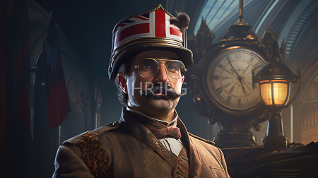 High Resolution: Older mustachioed man with fair skin and round glasses wears a British flag-adorned military hat and a brown ornate jacket in a dim-lit Victorian-style train station download. | HRJPG.com