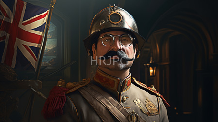 High Resolution: Adult man with light skin thick black mustache and glasses wears a vintage British military uniform with a silver helmet and a Union Jack flag download. | HRJPG.com