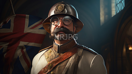 High Resolution: Older bearded man with glasses and mustache wears Victorian-era military attire including a brass helmet and a white uniform jacket over an ornate brown vest download. | HRJPG.com