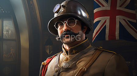High Resolution: Older mustachioed man in vintage British military attire with round glasses and a steel helmet with goggles stands against dark wooden walls with a Union Jack flag download. | HRJPG.com