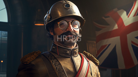 High Resolution: Asian man with dark skin thick mustache and beard wears round glasses under a metallic helmet adorned with gears and ornate military attire with gold epaulettes download. | HRJPG.com