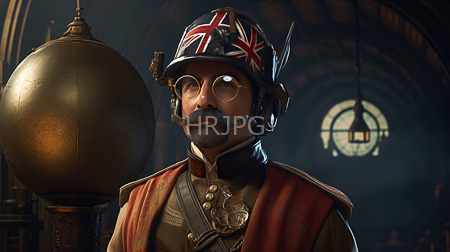 High Resolution: Older mustached man with glasses and a gray beard wears steampunk gear including goggles adorned by a Union Jack on his helmet and brown leather armor download. | HRJPG.com