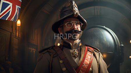 High Resolution: Indian man with dark skin thick mustache and beard wears round glasses under a Victorian-style military helmet and a brown uniform jacket with a red sash download. | HRJPG.com