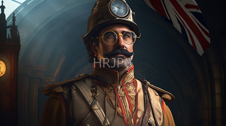 High Resolution: Older mustached man with a gray beard wears vintage aviator goggles and a brass helmet featuring a clock face and an ornate military-style jacket download. | HRJPG.com