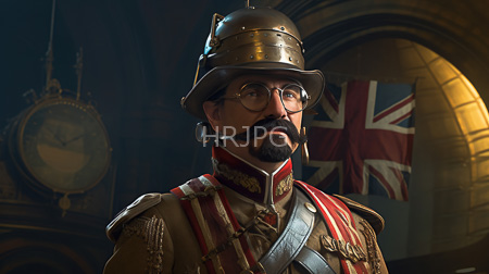 High Resolution: Older mustached man with glasses and dark skin wears steampunk military attire including a brass helmet red-striped epaulettes and large gold earrings download. | HRJPG.com