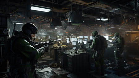 High Resolution: Three heavily armed soldiers in green camouflage uniforms and black helmets stand inside an industrial-style control room with cluttered desks download. | HRJPG.com