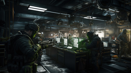 High Resolution: Four heavily armed soldiers in dark tactical gear and helmets stand inside an industrial control room around computer monitors aiming rifles at unseen targets download. | HRJPG.com