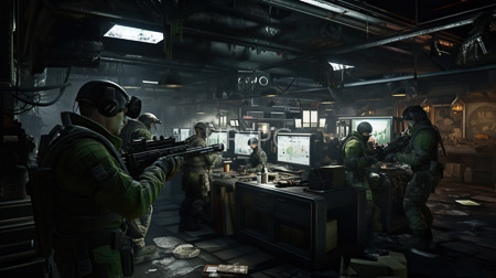 High Resolution: Five soldiers in green tactical gear and helmets armed with rifles inside an industrial-style control room filled with computer monitors displaying maps download. | HRJPG.com