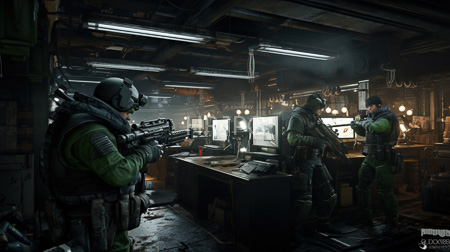 High Resolution: Three heavily armed soldiers in green tactical gear and black helmets stand inside an industrial workshop one aims at something off-frame while others examine monitors download. | HRJPG.com