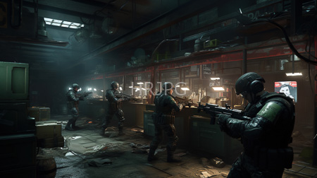 High Resolution: Dark atmospheric scene depicts four armored soldiers with helmets and tactical gear in an industrial warehouse filled with crates and machinery download. | HRJPG.com