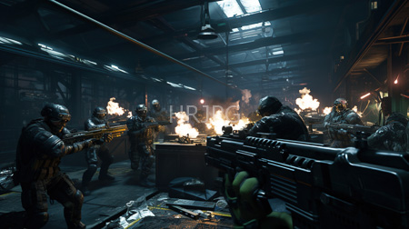High Resolution: Intense dark industrial warehouse battle scene featuring nine heavily armed soldiers in tactical gear and helmets firing at each other amidst bright explosions download. | HRJPG.com