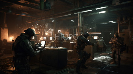 High Resolution: Six armored soldiers in a dark futuristic warehouse with dim lighting one works on a laptop while others stand alert or move cautiously amidst smoke download. | HRJPG.com