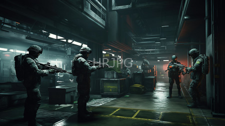 High Resolution: Five heavily armed soldiers in dark futuristic uniforms with helmets and backpacks stand inside an industrial warehouse illuminated by dim lighting from overhead fixtures download. | HRJPG.com