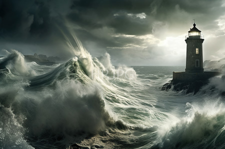 High Resolution: Ominous stormy seascape with towering waves crashing against dark rocks on which stands a solitary lighthouse illuminated by its light breaking through thick clouds download. | HRJPG.com