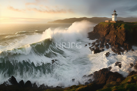 High Resolution: Ocean cliffside at sunset features powerful waves crashing against dark rocks a small lighthouse with black and beige stripes sits atop green grassy terrain download. | HRJPG.com