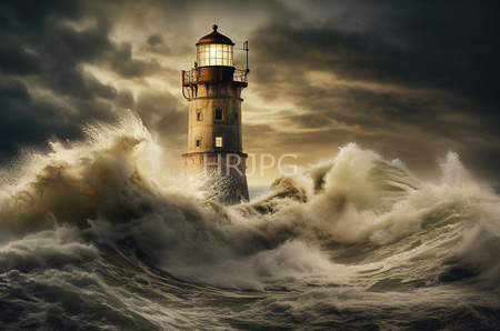 High Resolution: Old stone lighthouse standing tall amidst towering waves crashing against it under dramatic cloudy skies at sunset with water splashes illuminated download. | HRJPG.com