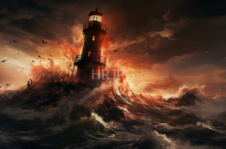 High Resolution: Intense dramatic seascape at sunset features a tall lighthouse being battered by massive waves and fiery orange-red clouds in dark skies download. | HRJPG.com