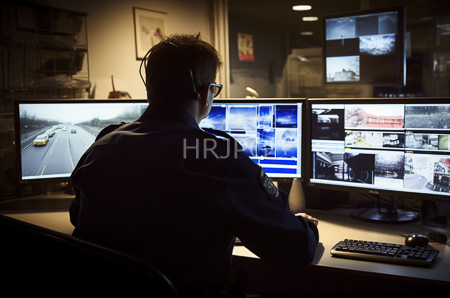 High Resolution: Male police officer wearing dark blue uniform and headphones seated at a desk monitoring three computer screens displaying surveillance footage from traffic cameras download. | HRJPG.com