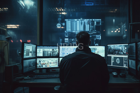 High Resolution: Man wearing dark clothing seated at an office desk facing multiple computer monitors displaying technical blueprints schematics and text documents in grayscale tones download. | HRJPG.com