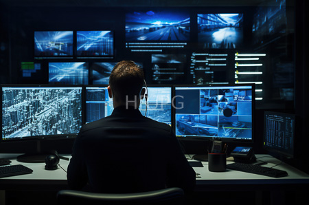 High Resolution: Man seen from behind sits at an illuminated control desk in front of multiple computer monitors displaying blue and white abstract visuals resembling cityscapes download. | HRJPG.com