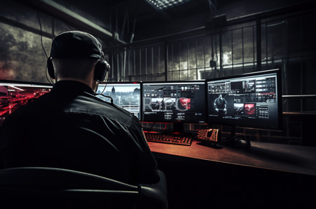 High Resolution: Older man with gray hair wearing black headphones and a leather jacket seated in front of three computer monitors displaying dark-themed digital interfaces with red accents download. | HRJPG.com