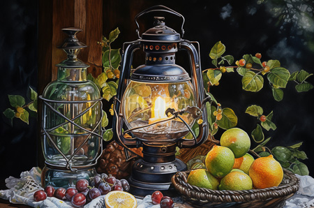 High Resolution: Old-fashioned still life scene features two lanterns one glass and metal with glowing light surrounded by green leafy branches and a basket of yellow-green oranges download. | HRJPG.com