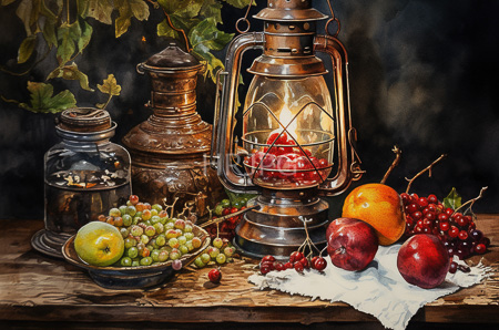 High Resolution: Detailed realistic watercolor painting depicts an autumnal still life on a wooden table with a brass lantern illuminating red grapes and surrounding fruits download. | HRJPG.com