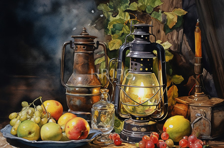 High Resolution: Detailed realistic still-life painting depicts an old-fashioned kitchen scene with vintage metal lanterns and a kettle surrounded by ripe fruits download. | HRJPG.com