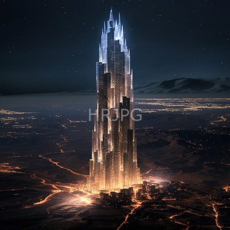High Resolution: Illuminated futuristic skyscraper with jagged blue-tipped spires rising from its base in a desert city at night against a starry sky download. | HRJPG.com