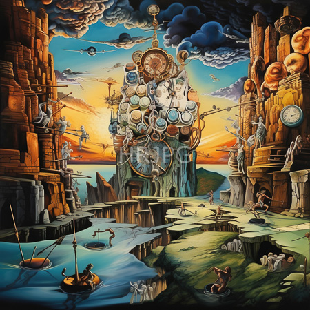High Resolution: Intricate surreal digital painting depicts a fantastical landscape with towering rock formations and clock-like structures adorned in gears and plates download. | HRJPG.com