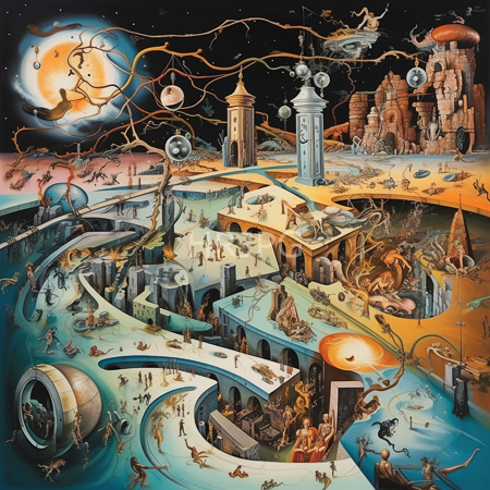 High Resolution: Intricate surrealistic painting by Hieronymus Bosch depicting fantastical architecture and chaotic scenes under a starry night sky with swirling clouds download. | HRJPG.com