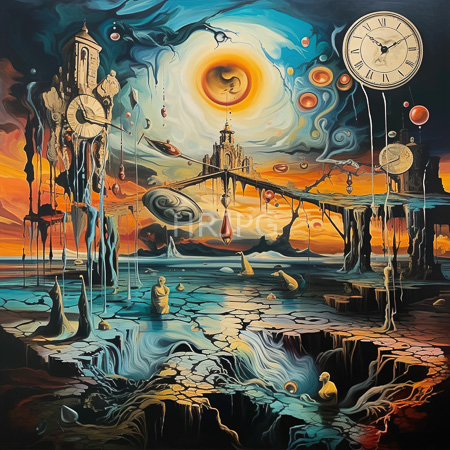 High Resolution: Abstract digital painting featuring surreal dreamlike elements with vibrant colors and fluid textures including multiple clocks hanging from dark blue icicle-like structures download. | HRJPG.com