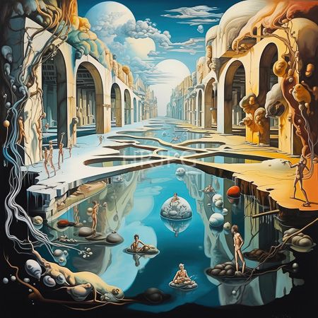 High Resolution: Surreal digital painting depicts an ethereal cityscape with arched colonnades and reflective waterways filled with floating rocks and figures download. | HRJPG.com