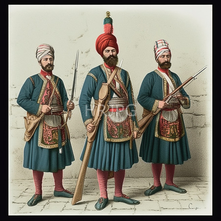 High Resolution: Illustrated colored drawing depicts three bearded men in traditional Ottoman attire wearing teal long coats adorned with ornate red and gold embroidered waist sashes download. | HRJPG.com