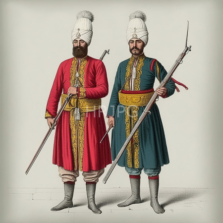 High Resolution: Illustrated detailed drawing of two bearded men in traditional Ottoman military attire one wears red robes with gold trim and holds a long rifle download. | HRJPG.com