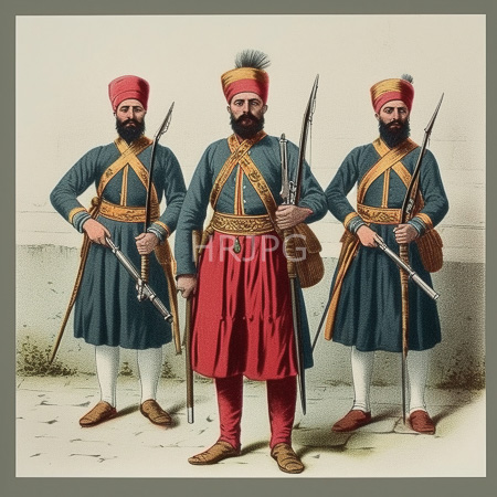 High Resolution: Illustrated colored drawing depicts three bearded men in traditional Ottoman military uniforms wearing red turbans and blue-green tunics adorned with yellow cross belts download. | HRJPG.com