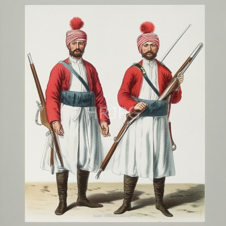 High Resolution: Illustrated colored drawing depicts two bearded men standing side by side wearing red jackets over white tunics and blue sashes around their waists download. | HRJPG.com