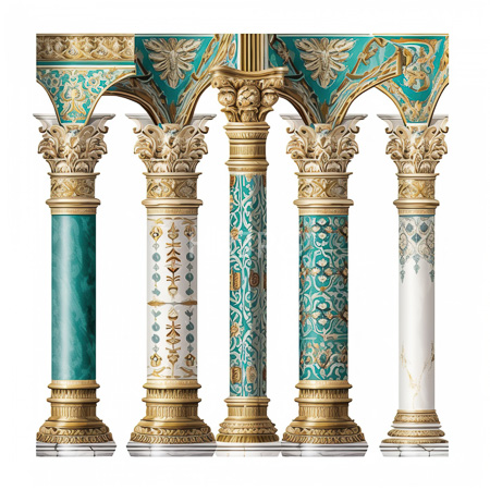 High Resolution: Five ornate columns with intricate gold and turquoise detailing featuring floral patterns on capitals on a plain white background download. | HRJPG.com