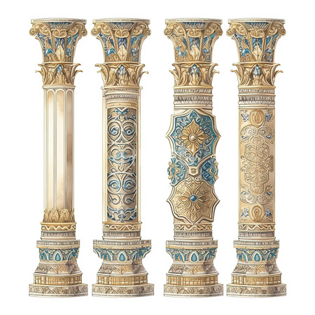 High Resolution: Four ornate classical-style columns with intricate gold and blue detailing each features unique patterns including floral motifs geometric designs download. | HRJPG.com