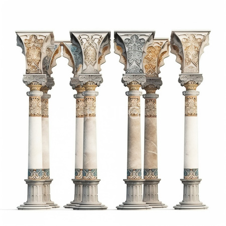 High Resolution: Five ornate classical columns with intricate carvings on their capitals and bases featuring detailed floral patterns in beige gray and gold hues download. | HRJPG.com