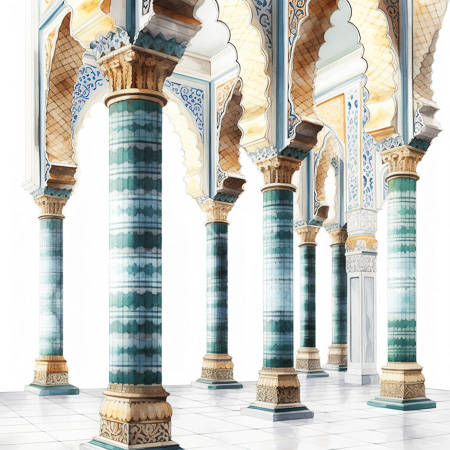 High Resolution: Ornate Islamic-style architectural interior features tall columns with green and white marbled patterns topped by intricate gold capitals download. | HRJPG.com