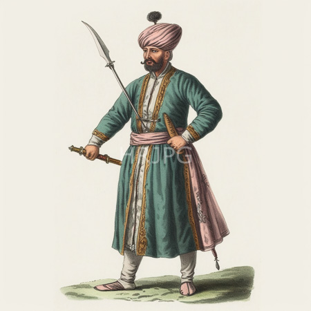 High Resolution: Illustrated colored drawing of a bearded man in traditional Middle Eastern attire holding a curved scimitar and wearing a pink turban download. | HRJPG.com