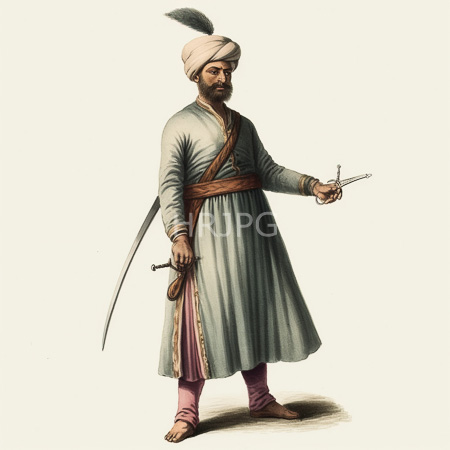 High Resolution: Illustrated colored drawing of a bearded man standing in traditional South Asian attire wearing a light green long tunic with pink trim and a white head wrap download. | HRJPG.com