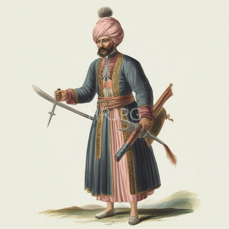 High Resolution: Illustrated detailed drawing of a Middle Eastern warrior standing against a plain background wears a pink turban adorned by a black pom-pom download. | HRJPG.com