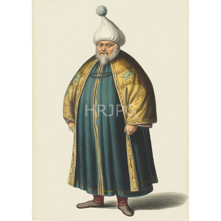 High Resolution: Illustrated drawing of an elderly man with Middle Eastern features wearing a white conical hat and an ornate golden cloak over teal robes download. | HRJPG.com