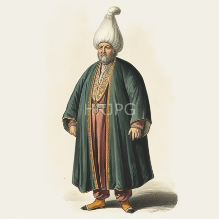 High Resolution: Illustrated colored drawing of an elderly Middle Eastern man with gray hair and beard wearing a tall white turban and a green robe with gold trimmings download. | HRJPG.com
