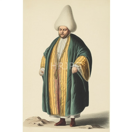 High Resolution: Illustrated colored drawing of a Middle Eastern man with fair skin brown beard and mustache wearing a large white conical hat download. | HRJPG.com