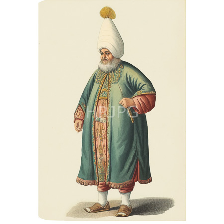 High Resolution: Illustrated colored drawing of an elderly Caucasian man with white hair and beard wearing traditional Middle Eastern attire including a tall conical white hat download. | HRJPG.com
