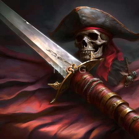 High Resolution: Eerie pirate skull with hollow eyes wears a tattered red bandana and a large tricorn hat holding an ornate sword against a dark background download. | HRJPG.com