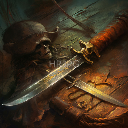 High Resolution: Dark detailed painting depicts an eerie scene with a skull wearing a tattered pirate hat beside a gleaming sword on wooden planks download. | HRJPG.com